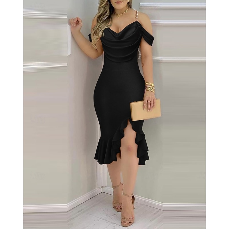 Women's Midi Dress Elegant Dress Elegant Holiday Date Regular Fit Solid Color Short Sleeve Cowl Neck Black Red Blue Green Summer3