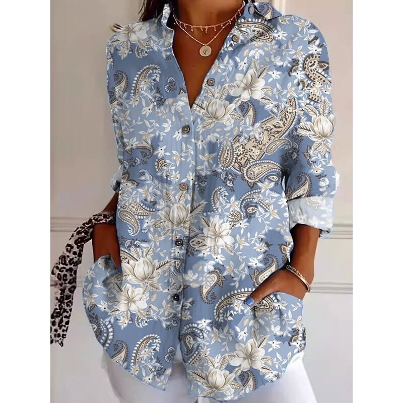 Women's Shirt Button Down Tunic Shirt Collar Long Sleeve Floral Graphic Casual Regular Tops Work Daily s Print Yellow Blue Green Spring Fall Winter2