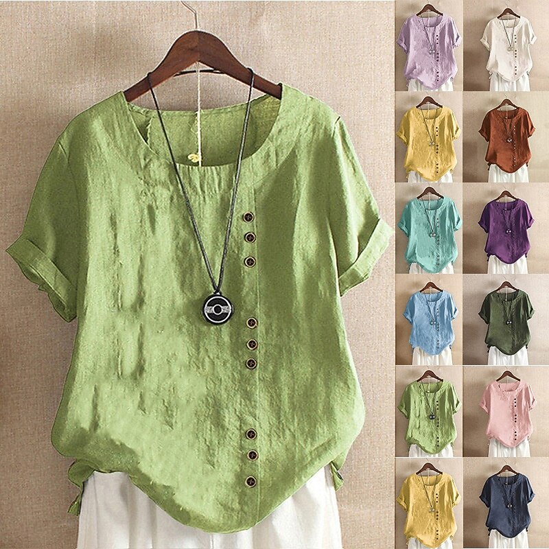 Women's Blouse Cotton Linen Shirts Plain Modern Casual Short Sleeve Crew Neck Regular Tops Holiday Going out Buttons White Yellow Army Green Green Summer