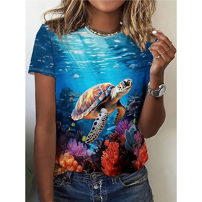 Women's T Shirt Summer Tops Scenery Sea Turtle Classic Casual Short Sleeve Crew Neck Crop Tops Daily Weekend Print Rainbow Summer Spring Fall