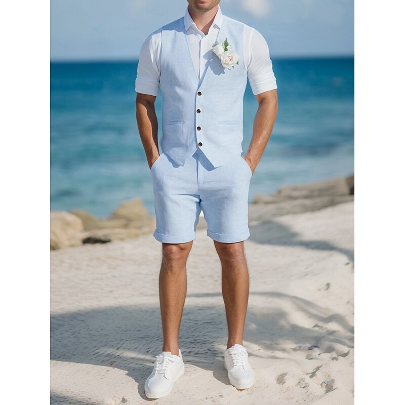 Men's Beach Wedding Linen Suits Sky Blue Beige Fashion Casual Solid Colored Standard Fit 2 Piece