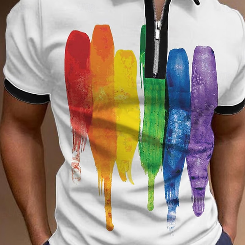 Men's Splash Ink Zip Polo Short Sleeve Turndown Casual Daily Outdoor Dailywear Athleisure Zipper Summer White Black3