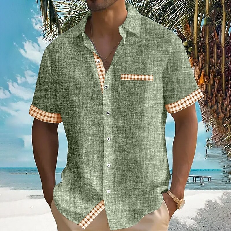 Men's Shirt Linen Shirt Summer Shirt Beach Shirt Untucked Shirts Plaid Vacation Holiday Yellow Blue Green Short Sleeve Collar Summer Clothing Apparel2