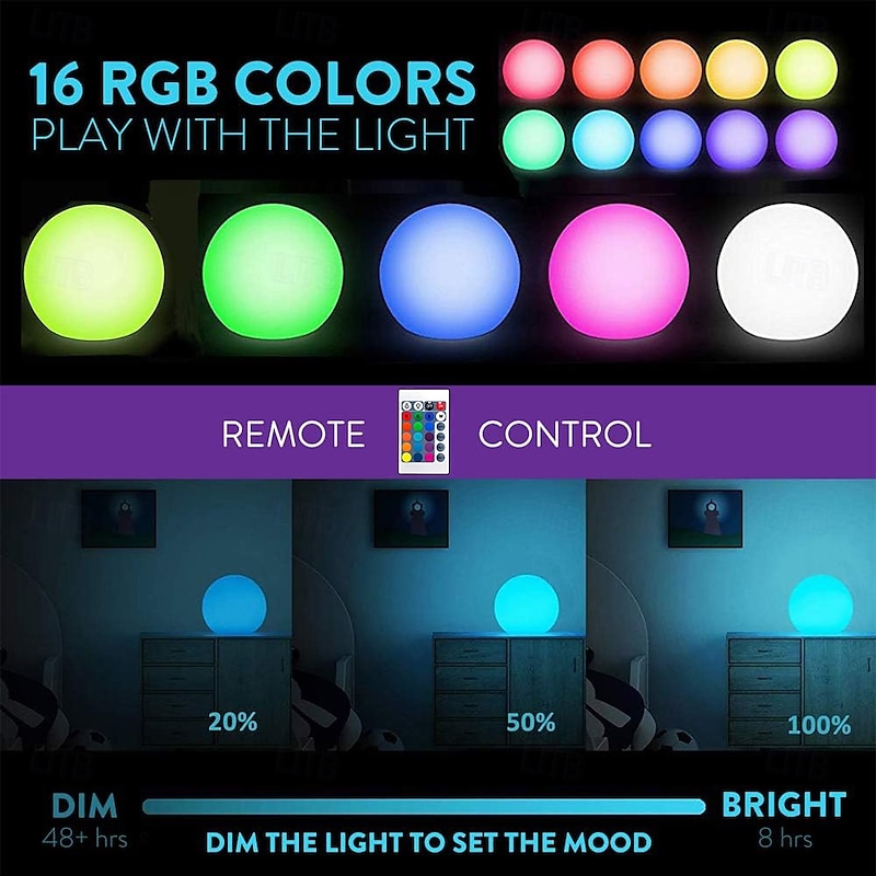 20/40 cm LED Ball Light with Remote Waterproof LED Globe Light Glowing Mood Lamp Dimmable 16 RGB Colors Night Light for Home Garden Patio Pool Party Decor3