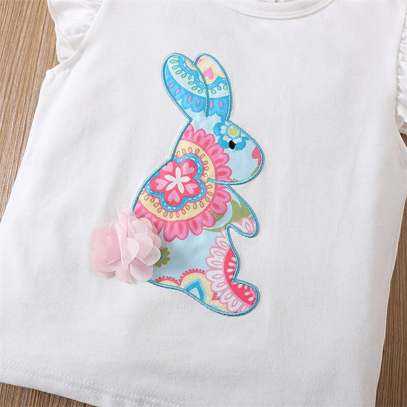2 Pieces Kids Girls' Easter Rabbit Ruffle Tank Top & Shorts Set Set Sleeveless Fashion Outdoor 4 years+ Summer White4