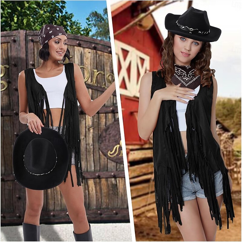 Western Outfits for Women Cowgirl Tassel Sleeveless Vest Cowboy Hat and Paisley Bandana3