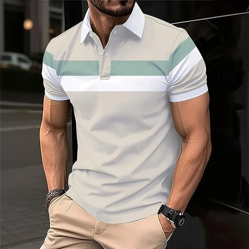 Men's Horizontal Stripes Rugby Polo Short Sleeve Polo Shirts Collared Shirts Business Casual School Outdoor Athleisure 3D Print Summer Spring Fall Black White Pink3
