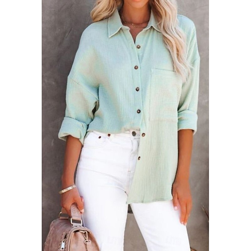 Women's Shirt Linen-Inspired Shirts Button Up Plain Stylish Long Sleeve Shirt Collar Regular Tops Daily Holiday Buttons Black White Light Green Orange Summer4