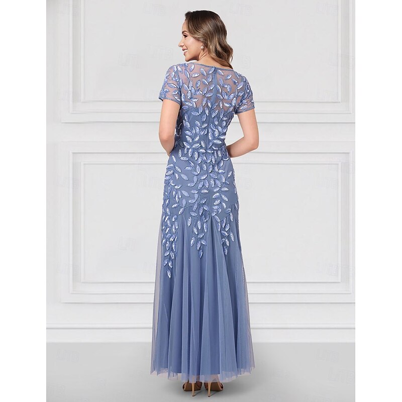 Beaded Floral A-Line Embroidered Mother of the Bride Dress Wedding Elegant Vintage V Neck Ankle Length Tulle Short Sleeve2