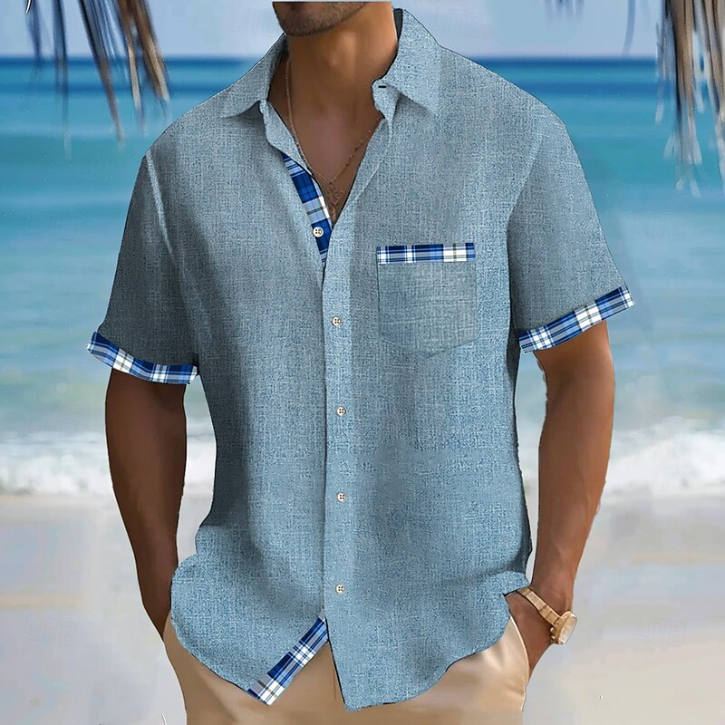 Men's Geometric Grid / Plaid Linen Shirt Summer Shirt Button Up Shirt Short Sleeve Fashion Casual Vacation Holiday Beach Wear Summer Spring Turndown Collared Shirts Front One Pocket Blue Green Gray2