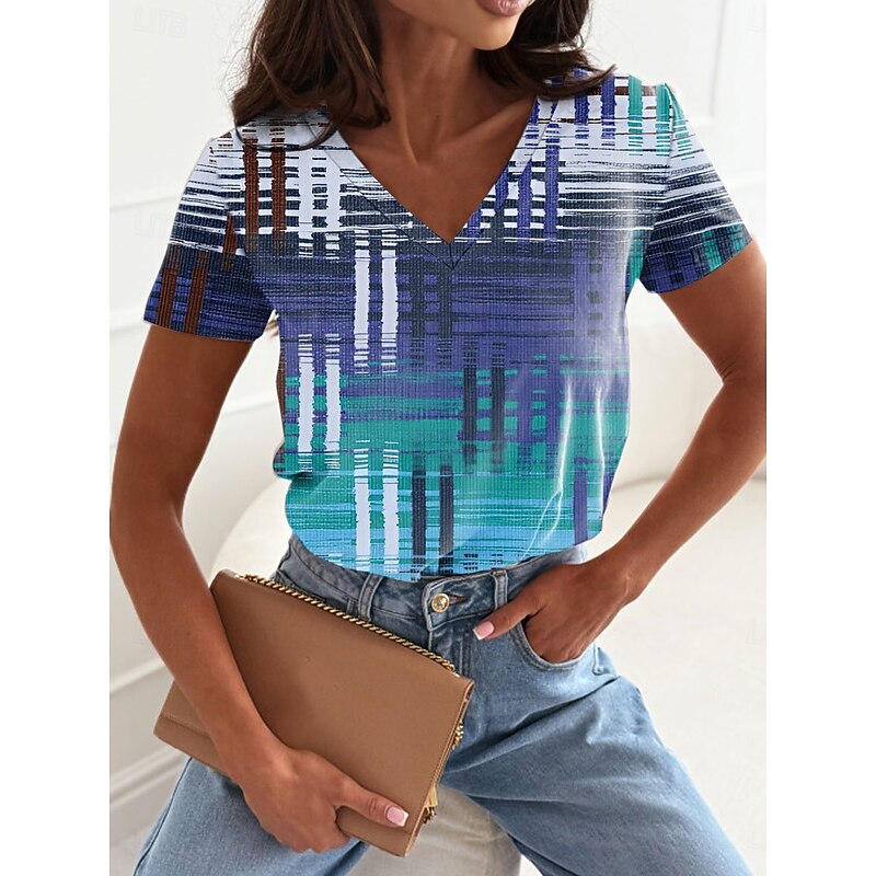 Women's T Shirt Graphic Geometric Casual Short Sleeve V Neck Regular Tops Daily Print Pink Blue Green Summer Spring2