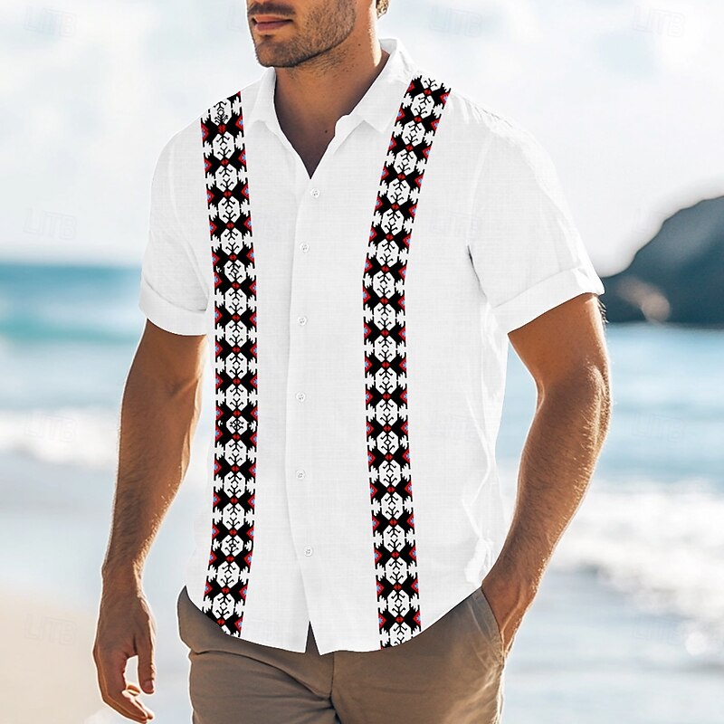 Men's Geometric Ethnic Shirt Guayabera Shirt Button Up Shirt Short Sleeve Fashion Casual Vacation Dailywear Beach Wear Summer Spring Turndown Collared Shirts Dark Khaki White Blue2