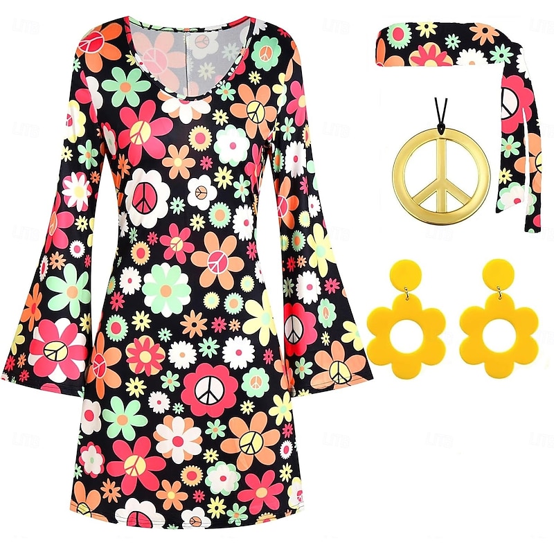 Retro Vintage 1960s 1970s Cosplay Costume Outfits Accessories Set Hippie Fancy Dress Women's Carnival Masquerade Performance Party Pride Parade Adults' 1 Necklace Top Earrings3