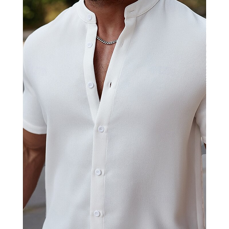 Men's Shirt Summer Shirt Casual Shirt Beach Shirt Button Up Shirt White Short Sleeve Plain Grandad Collar Stand Collar Vacation Hawaiian Button-Down Clothing Apparel Polyester Fashion Casual4