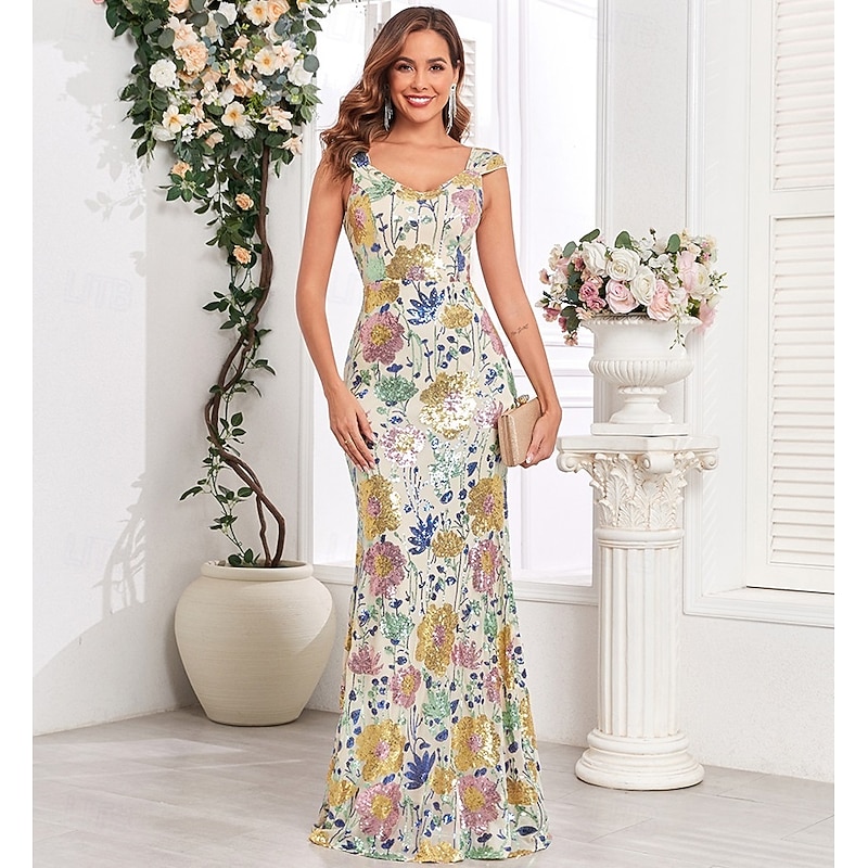 Floral Embroidered Mermaid / Trumpet Evening Gown Vintage Dress Formal Prom Floor Length Sleeveless V Neck Sequined