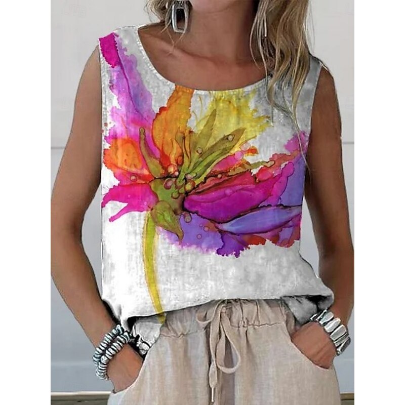 Women's Tank Top Floral Stylish Modern Sleeveless Crew Neck Regular Tops Daily Holiday Print White Yellow Purple Summer