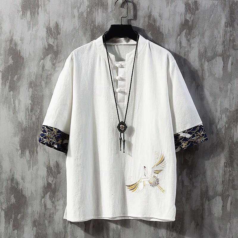 Men's Button T Shirt T Shirt Tee Tee Top Sleeveless Standing Collar Summer Spring Bird Designer Basic Chinoiserie Embroidered Vacation Street Going out Black White Gray Top Tee for Men