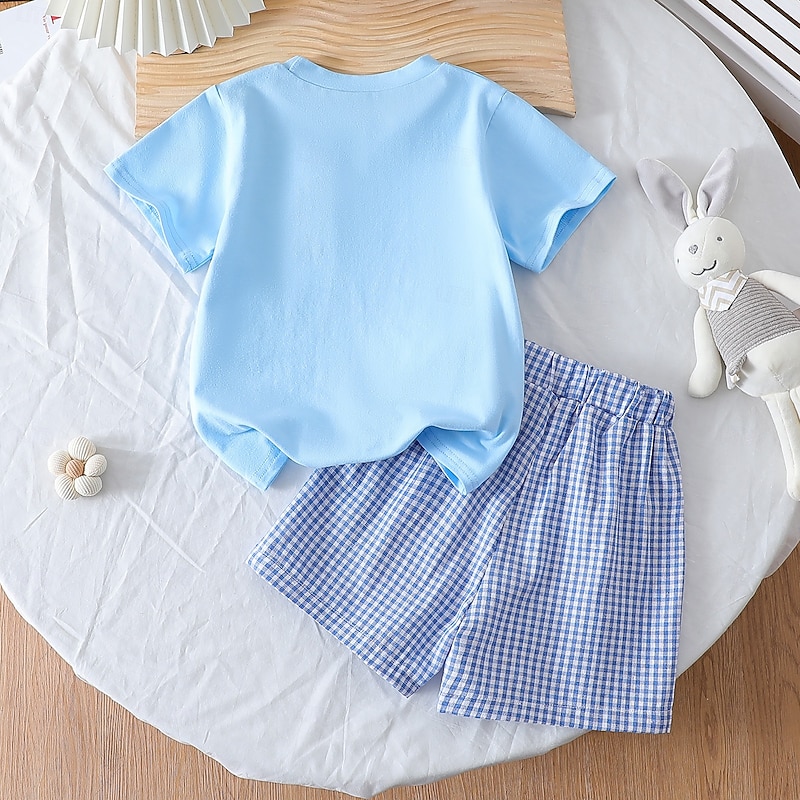2 Pieces Kids Girls' Rabbit Print T-shirt & Shorts Set Short Sleeve Cute Outdoor 4 years+ Summer Blue2
