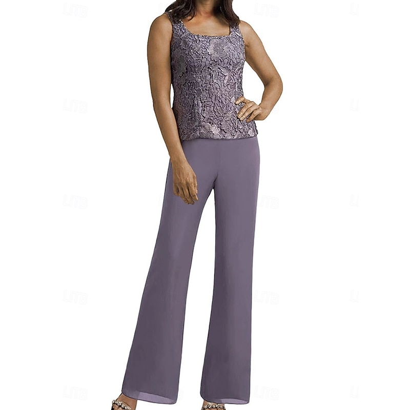 Pantsuit Mother of the Bride Dress Wedding Guest Elegant Simple Scoop Neck Floor Length Polyester Long Sleeve with Appliques Solid Color2