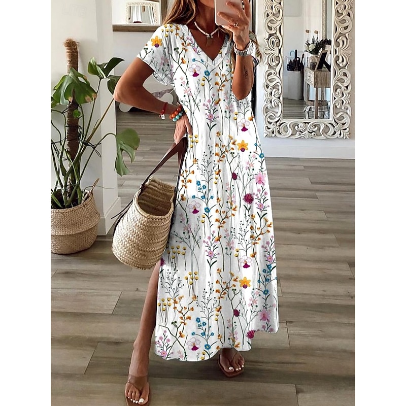 Women's Maxi Dress A Line Dress Summer Dress Elegant Vacation Vacation Daily Regular Fit Floral Graphic Short Sleeve V Neck White Summer Spring Fall