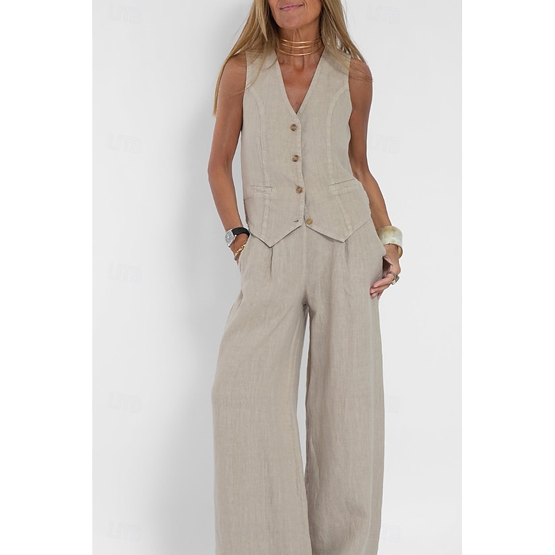 Women's Active Basic Linen-Inspired Sets Two Piece Sets Blouse Sleeveless V Neck Solid Color Dubbele Rij Knopen Vacation Casual Daily Black White Wine Summer Regular Fit