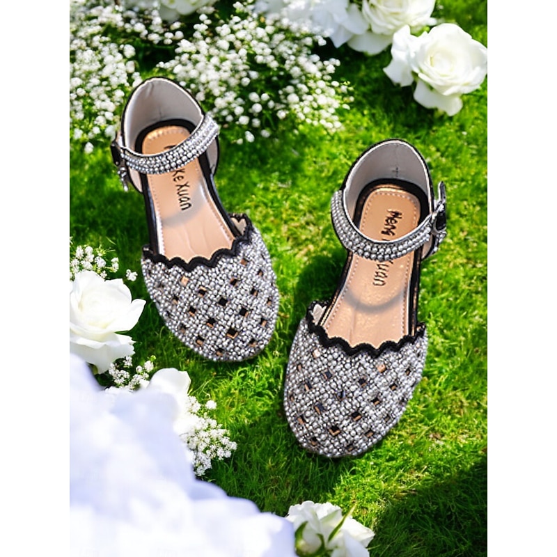 Girls' Sparkly Rhinestone Mary Jane Shoes – Scalloped Edge Flower Girl Dress Shoes for Weddings & Parties