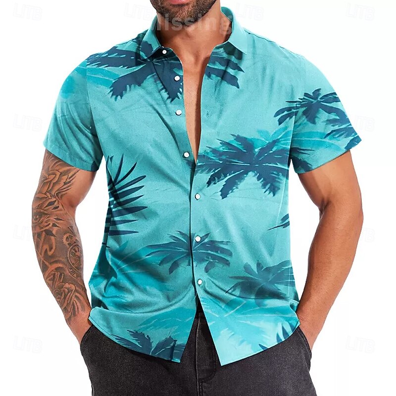 Men's Coconut Tree Tropical Plants Shirt Summer Hawaiian Shirt Button Up Shirt Short Sleeve Hawaiian Resort Vacation Holiday Beach Wear Summer Spring Turndown 3D Print Collared Shirts Black White Blue2