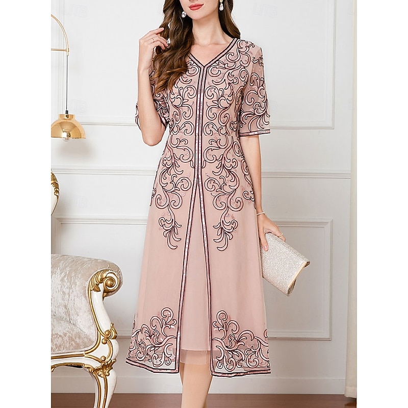 Dress Mother of the Bride Dress Wedding Guest Elegant Chinese Style V Neck Knee Length Polyester Cotton Blend Half Sleeve with Embroidery