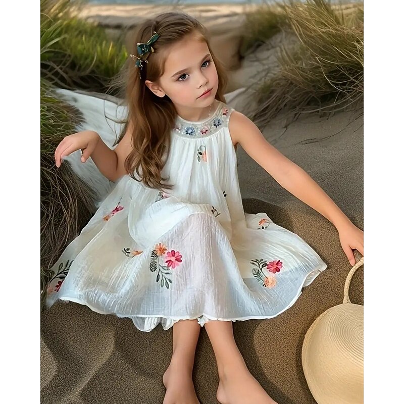 Kids Girls' Dress Floral Dress Flower Sleeveless Outdoor Casual Fashion Daily Polyester Knee-length Casual Dress Floral Dress Summer 4 years+ Beige3