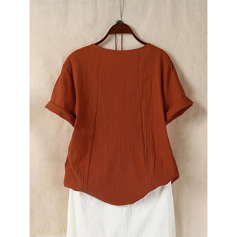 Women's 100% Cotton Blouse Floral Graphic Stylish Cotton Linen Casual Short Sleeve Crew Neck Regular Tops Daily Going out Buttons Print Brown2