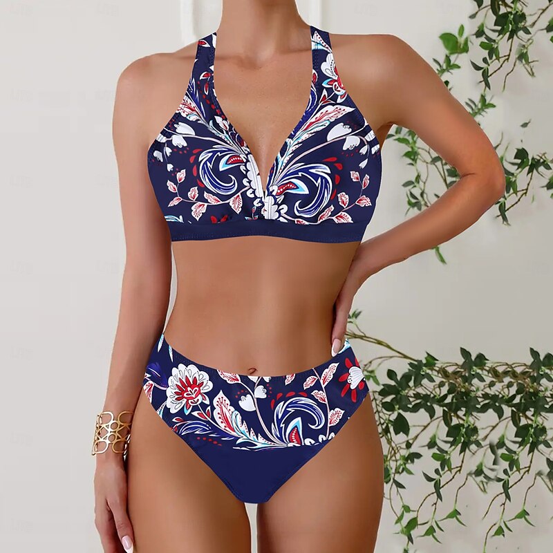 Women's Swimwear Bikini Tankini 2 Piece Cheeky Swimsuit Deep V Push Up Knitted Vacation Tropical Floral Color Block Plunge Sleeveless Bathing Suits3
