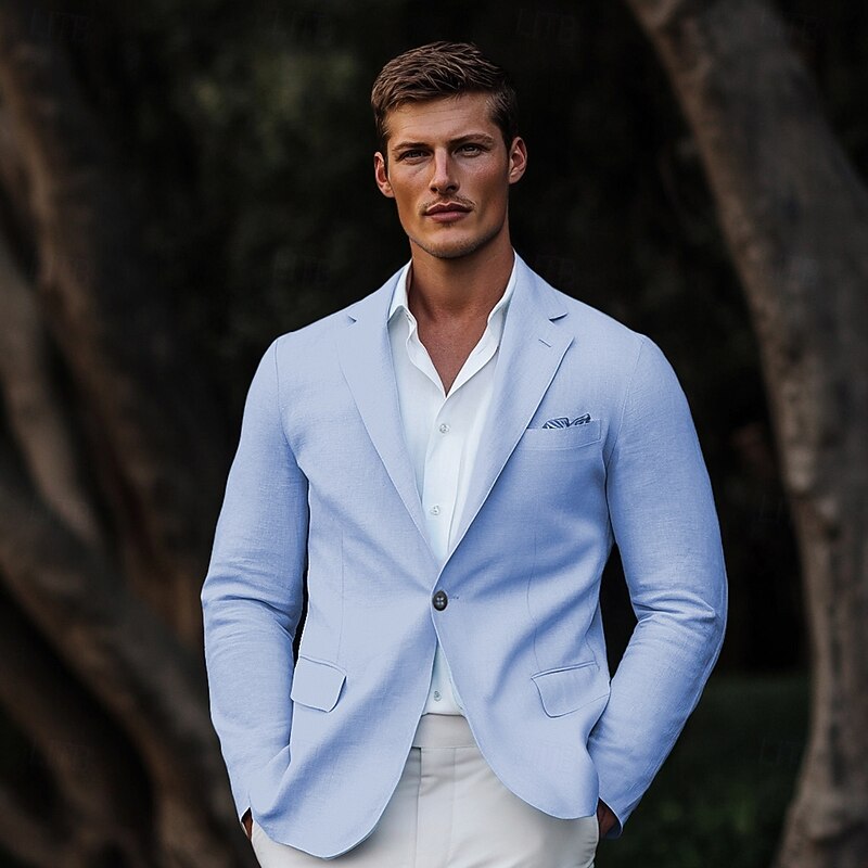 Men's Linen Blazer Sport Coat Wedding Guest Casual Daily Fashion All Seasons Linen Cotton Blend Solid Colored Basic Single Breasted Blazer Sky Blue Light Grey2