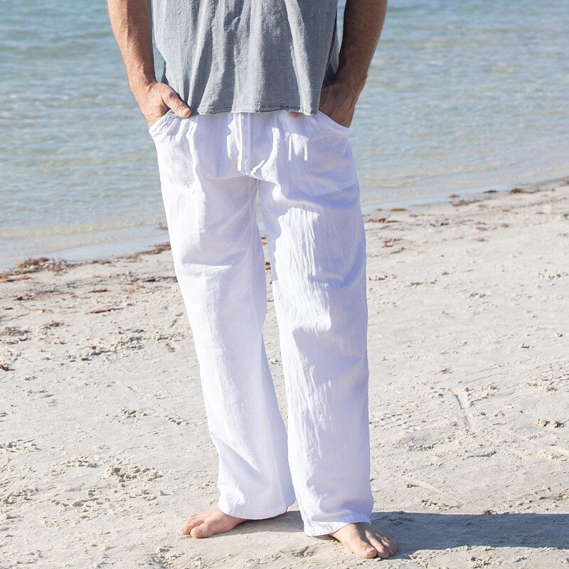 Men's Linen Pants Trousers Summer Pants Baggy Pants Beach Pants Drawstring Front Pocket Straight Leg Plain Comfort Breathable Full Length Yoga Holiday Beach Fashion Hawaiian White Navy Blue3