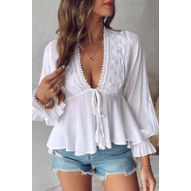 Women's Boho Shirt Lace Shirt Blouse Plain Daily Stylish Casual Long Sleeve V Neck Regular Tops Work Daily Holiday Buttons White Spring