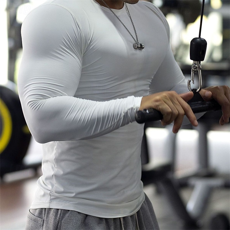 Men's Gym Shirt Compression Shirt Fitness Shirt Crew Neck Long Sleeve Casual Daily Gym Quick dry High Stretch Sweat wicking Patchwork Plain Black White non-printing Activewear Polyester3