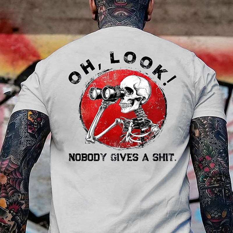 Mens Graphic T-Shirt featuring 'OH, LOOK! NOBODY GIVES A SHIT' Skeleton & Binoculars Design for Sarcastic Humor4