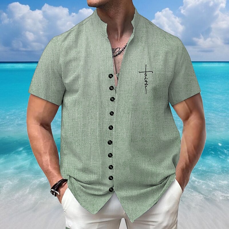 Men's Letter Printed Faith Shirt Summer Hawaiian Shirt Stand Collar Shirt Short Sleeves Hawaiian Vacation Beach Wear Grandad Collar Mandarin Collar Button Up 3D Print Linen Like Shirt Pink Blue Green2