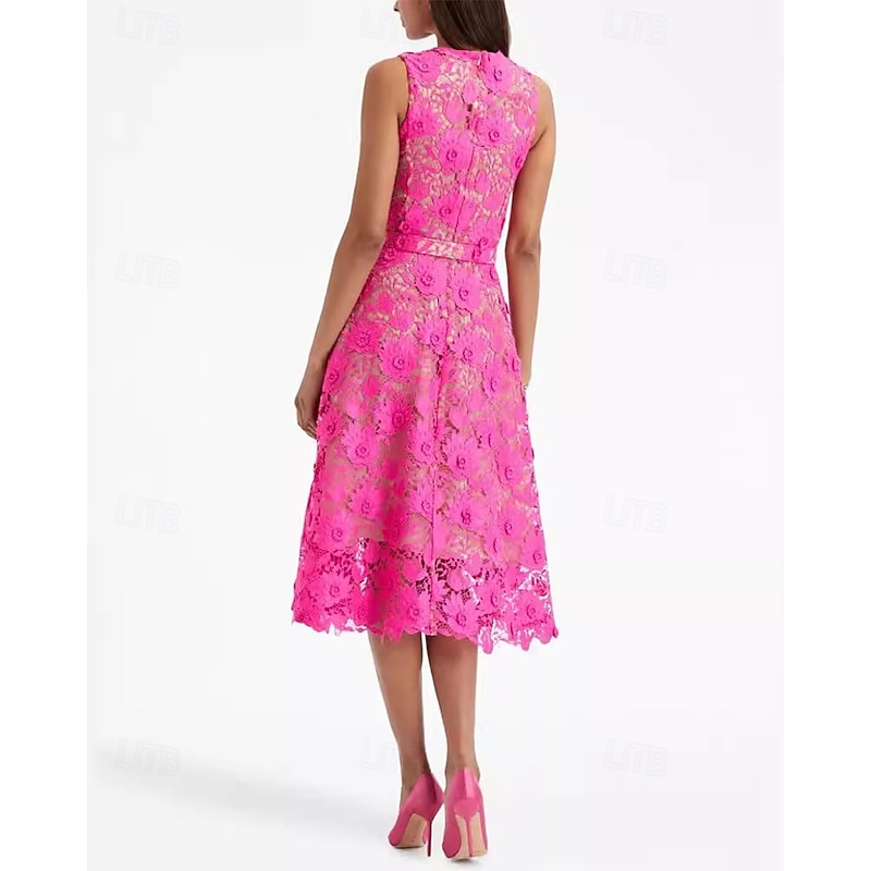 A-Line Cocktail Dresses Elegant Dress Formal Wedding Tea Length Sleeveless Crew Neck Belt / Sash Lace with Embroidery3