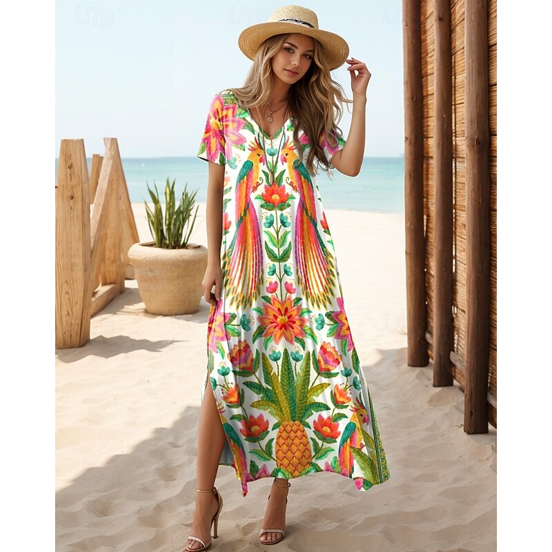 Women's Midi Dress Sundress A Line Dress Vacation Casual Vacation Daily Regular Fit Floral Graphic Tropical Short Sleeve V Neck Orange Summer