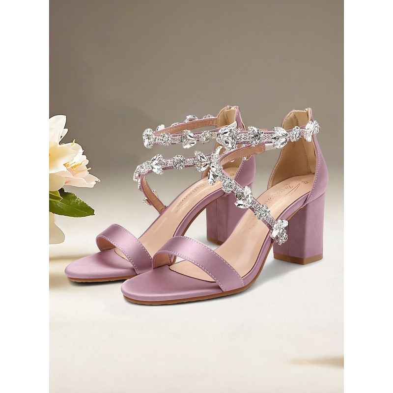 Women's Pink Satin Block Heel Sandals with Crystal Straps – Chic Cocktail Party Heels4