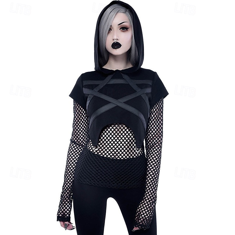 Punk & Gothic Hoodie Goth Girl Fishnet Design Pentagram Fancy Dress Women's Halloween Carnival Party Casual Daily Adults' Top Spring & Summer