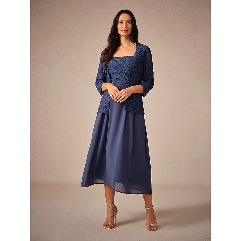 Women's Tea Length A Line Dress Dress With Jacket Elegant Semi Formal Wedding Guest Regular Fit Solid Color 3/4 Length Sleeve Square Neck Navy Blue Summer Spring Fall4