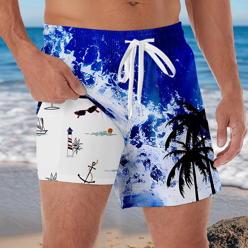 Men's Coconut Tree Ocean Tropical Lined Shorts 2 in 1 Board Shorts Swim Shorts Mid Waist Hawaiian Vacation Beach Wear Side Pockets With Compression Liner Elastic Drawstring Waist Designer Clothing4
