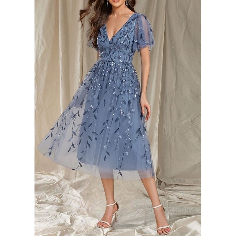 A-Line Mother of the Bride Dress Wedding Guest Elegant V Neck Tea Length Lace Short Sleeve with Lace Midi Dress3