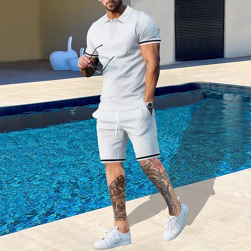 Men's T-shirt Suits 2 Pieces Outfits Tee & Shorts Short Sleeve Lapel Summer Plain Fashion Casual 2 Piece Vacation Daily Wear Going out Black White Navy Blue Top Tee for Men2