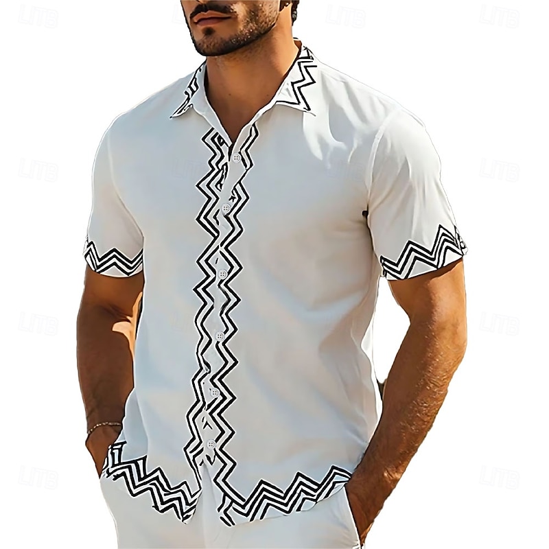 Men's Geometric Line Shirt Casual Shirt Button Up Shirt Short Sleeve Fashion Casual Outdoor Vacation Streetwear Summer Spring Turndown 3D Print Collared Shirts White2