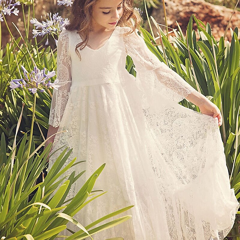 Flower Girl Dress Kid's Girls' Lace Dress Formal Dress Princess Dress First Communion Dress Performance Wedding Party Elegant Beautiful Mesh Solid Color Long Sleeve V Neck Beige 4 years+4