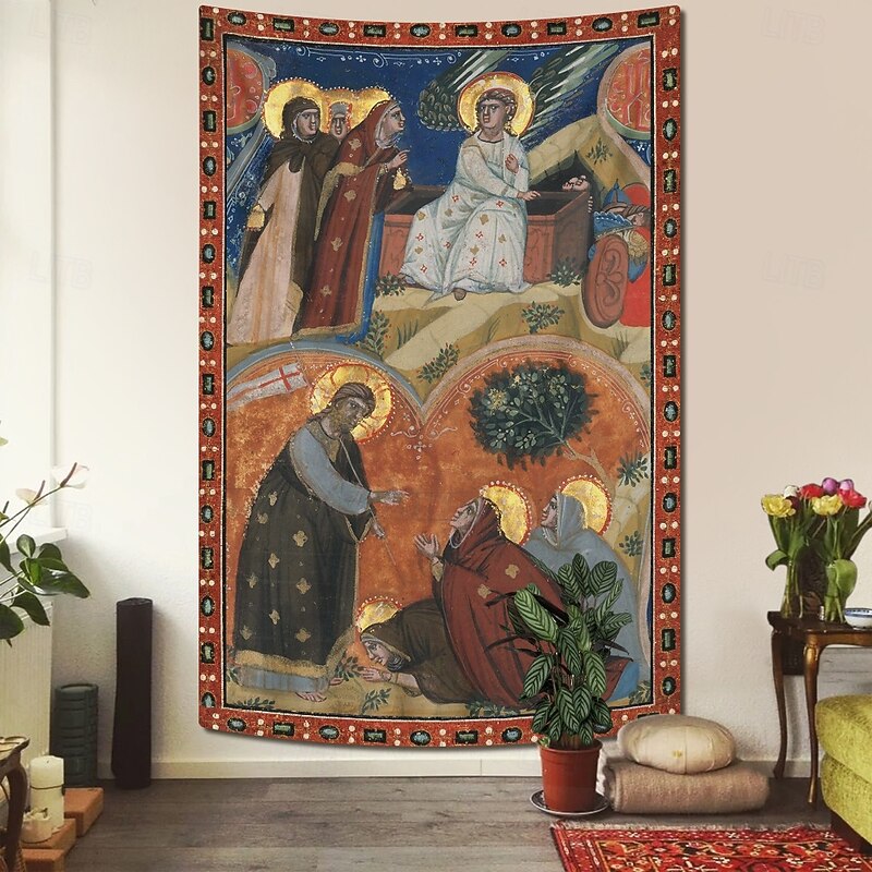 Medieval Tapestry Middle Age Tapestry Gothic Art Large Tapestry Mural Decor Photograph Backdrop Curtain Home Bedroom Living Room Manuscript Illumination with Scenes of Easter in an Initial A