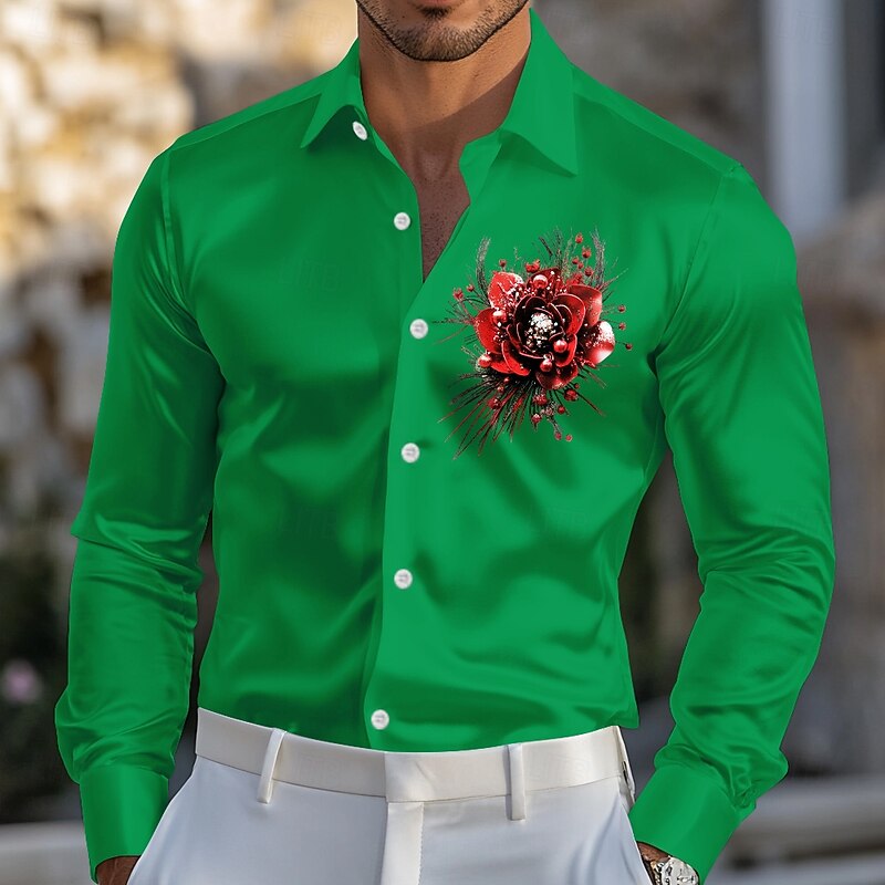 Kentucky Derby Men's Floral Print Rose Satin Shirt Dress Shirt Button Up Shirt Long Sleeve Fashion Casual Wedding Vacation Evening Party Summer Spring Turndown Collared Shirts 3D Print Funny Kentucky2