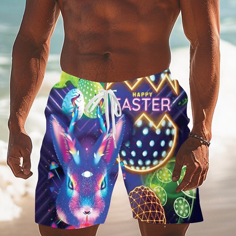 Easter Men's Bunny Egg Happy Easter Swim Shorts Board Shorts Swimming Trunks Mid Waist Hawaiian Holiday Festival Drawstring Mesh Lining Elastic Waist Designer Clothing Apparel